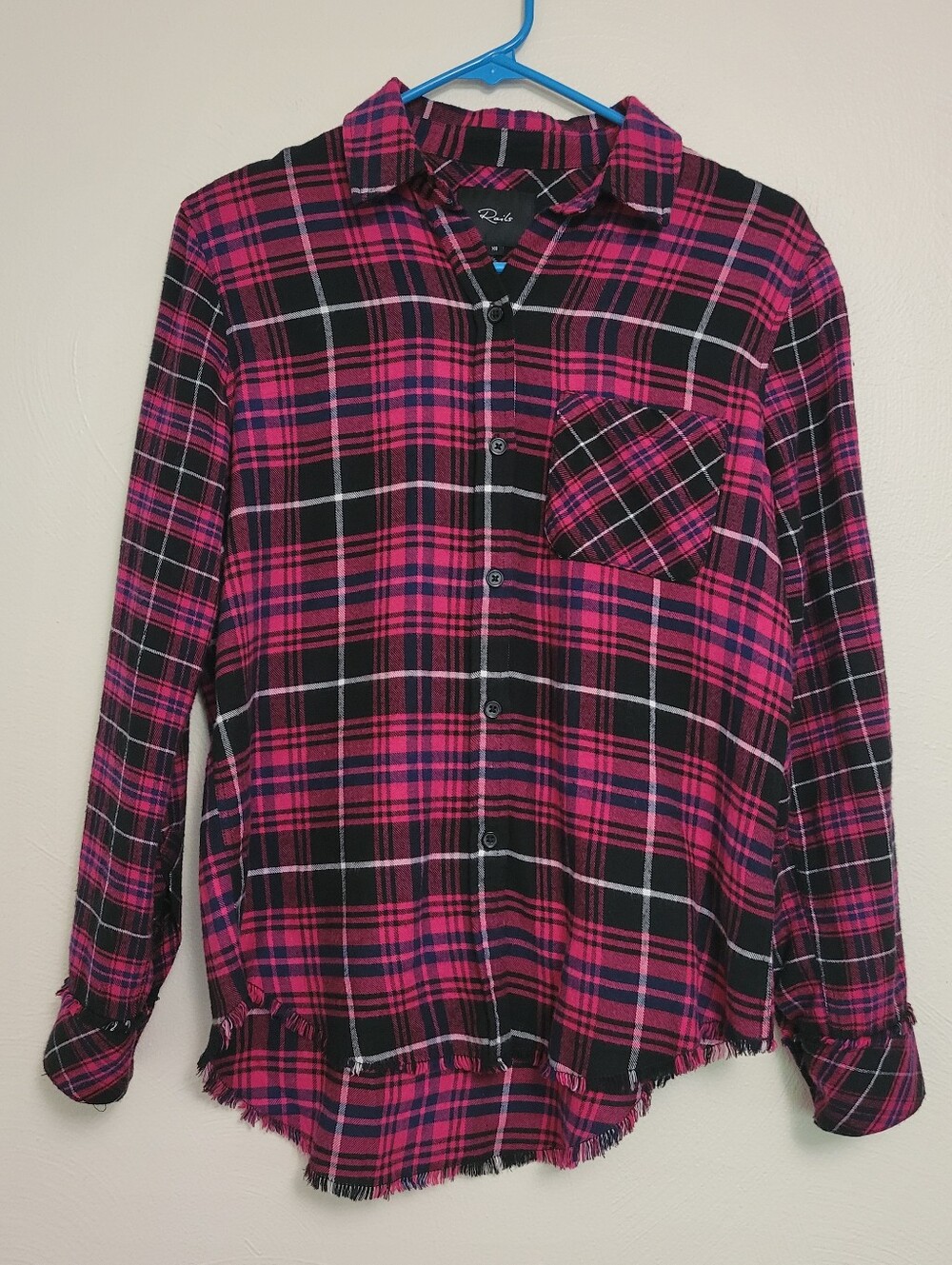 Rails Plaid Button-Down Shirt With Fringe Detail Size XS